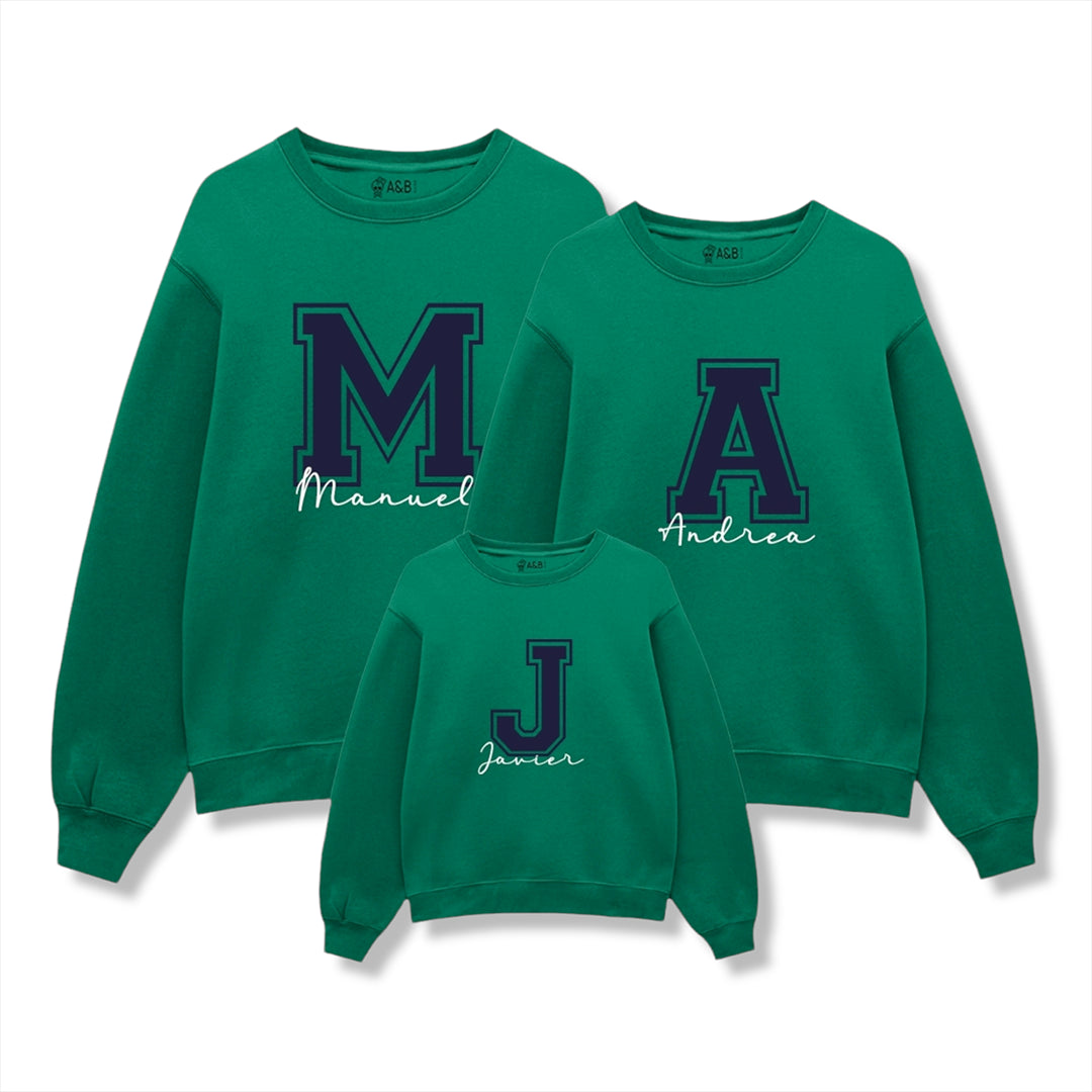 sudadera personalizada con nombre e inicial. sudadera personalizada para toda la familia