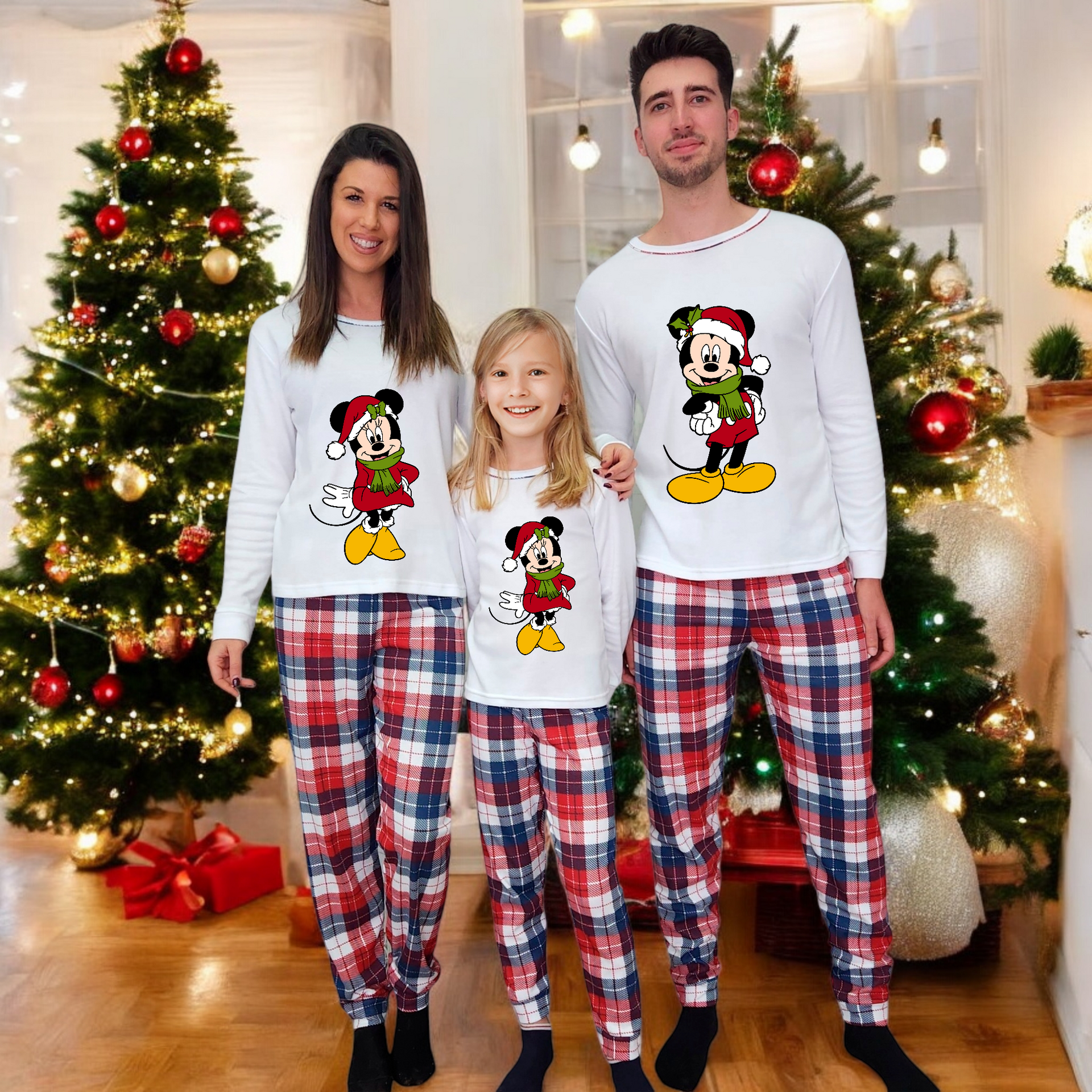 Pijama cuadros Mickey Minnie Happy Christmas Blanco