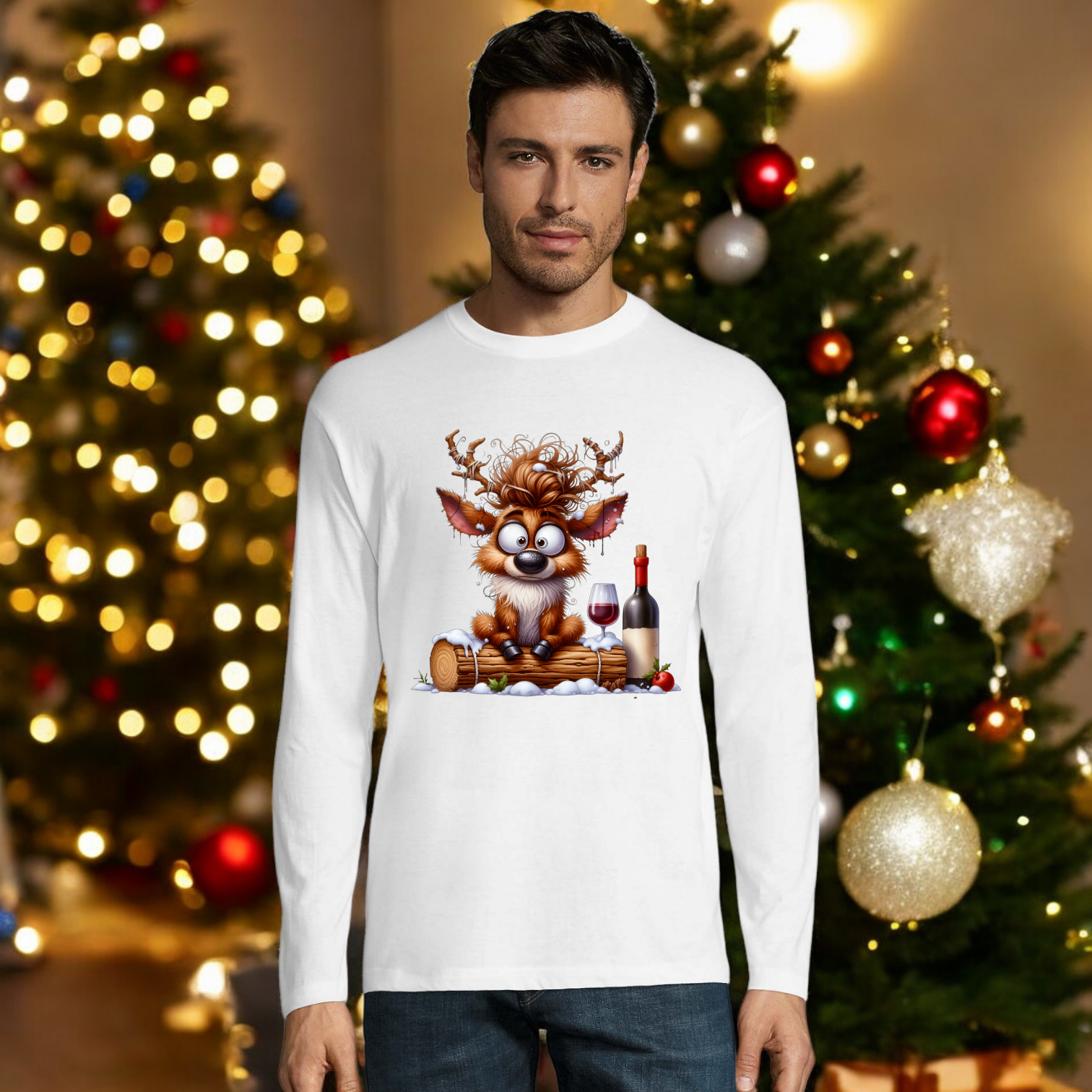 Camiseta Reno navidad vino manga larga